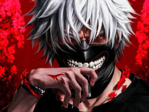 Prompt: A japanese man, white hair, mask with teeths, black t-shirt, angry, red eyes