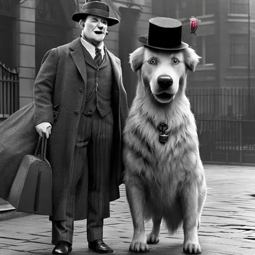 Prompt: An Anthropomorphic big old Golden Retriever dog Mr. Lucky is my father dog wearing dressed as a business officer in great depression london 1934 a Mary poppins returns animated style