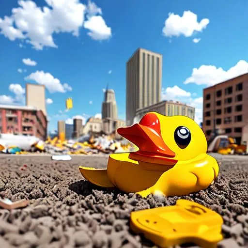 Prompt: Weed Wacker Commerce, Rubber Duck Smashed, Ground Level Shot, Warped View, Blue_Sky