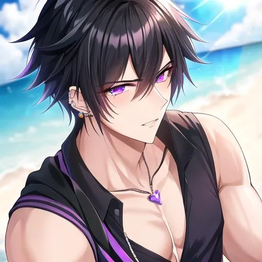 Prompt: Male young adult, 19, (Short black hair falling between the eyes, sharp and sassy purple eyes, and a feminine body), Black piercings, highly detailed face, 8K, Insane detail, best quality, UHD, highschooler, handsome, flirty, wearing swim trunks, shirtless, at the beach, side profile, close-up
