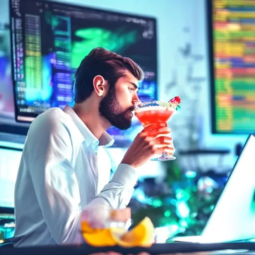 Prompt: An person drinking a cocktail in front of a computer instead of working
