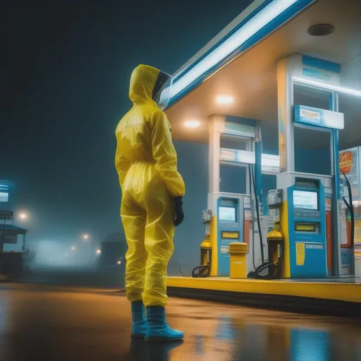 Prompt: an hourglass-shaped woman in a skin-tight hazmat suit, standing at an empty gas station shrouded in fog, raining