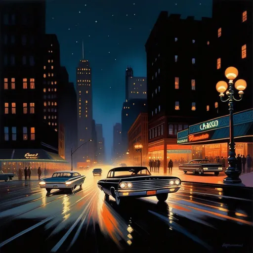 Prompt: 1960s, Chicago at night, car chase, warm atmosphere, cartoony style, extremely detailed painting by Greg Rutkowski and by Henry Justice Ford and by Steve Henderson