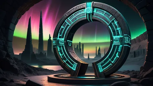 Prompt: magical portal between cities realms worlds kingdoms, circular portal, ring standing on edge, upright ring, freestanding ring, hieroglyphs on ring, complete ring, ancient egyptian architecture, atlantis setting, aurora borealis, panoramic view, dark night, futuristic cyberpunk tech-noir setting