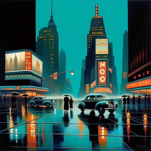 Prompt: 1940s, Times Square at night, creepy, rain, fog, cold teal atmosphere, cartoony style, extremely detailed painting by Greg Rutkowski and by Henry Justice Ford and by Steve Henderson 

