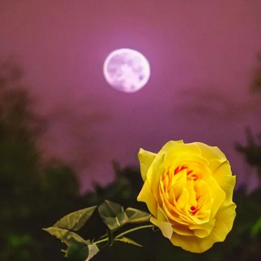 Prompt: Yellow rose under a full moon at night

