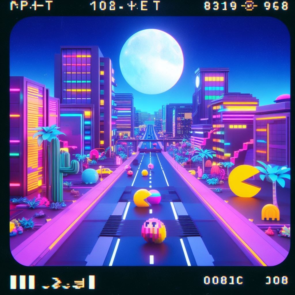 Prompt: the world of pac man screenshot thumbnail, in the style of rendered in cinema4d, vaporwave, cyclorama, felipe pantone, goro fujita, luminous spheres, outrun