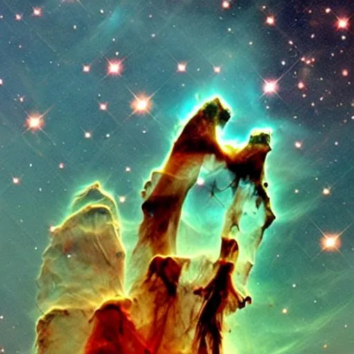 Prompt: pillars of creation from the hubble telescope and a cat sitting in space sipping coffee