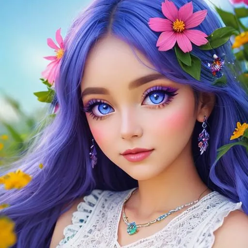 Prompt: Fairy goddess of summer, vivid colors,large eyes, warm coiors, wildflowers, closeup