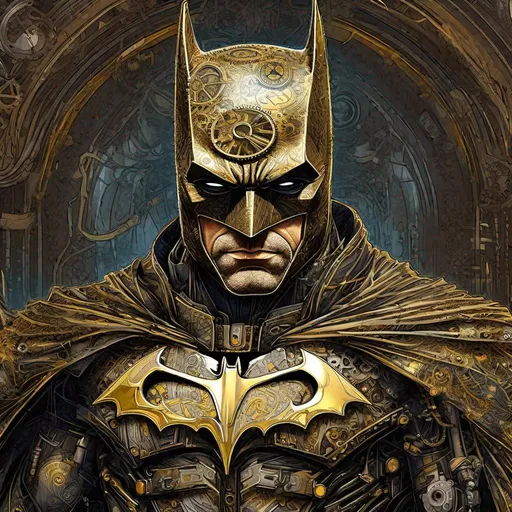 Prompt: "Steampunk batman (George Clooney), golden outlines, highly detailed, intricate motifs, organic tracery, perfect composition, digital painting, smooth, sharp focus, illustration, Carne Griffiths, Jean Baptiste Monge, shiny aura, Unreal Engine5"