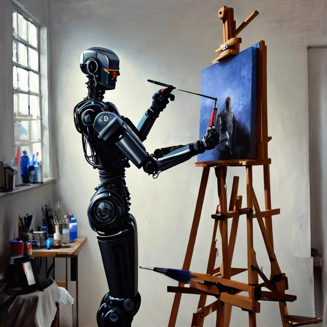 Artificial Robot Painter. On An Easel Is A Painting...