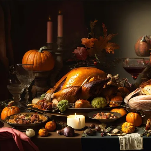 Prompt: thanksgiving feast, on table, turkey, red wine, vegetables, fruit, food scraps, eaten food, pumpkins, lit candles, hyperrealism, 8 k, dutch masters, art by rembrandt, still life by giuseppe arcimboldo and pieter claesz, a flemish baroque by jan davidsz, rococo, hd, intricate high detail masterpiece, black background