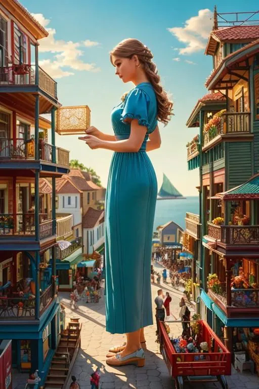 Prompt:  300 foot tall   zoom out, gorgeous, beautiful woman unpacking things in the miniature coastal town, beautiful colors, tiny people, carts, horses, trees, , trending on artstation,  studio shot, fase detailed, intricate detail, highly detailed, by Amanda Clark