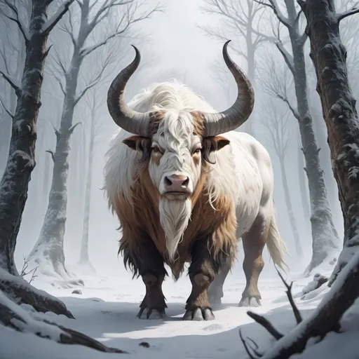 Prompt: Fantasy Illustration of a aurochs, long shaggy white fur, huge curved horns, threatening pose, in a snowy forest, dangerous atmosphere, high quality, rpg-fantasy, detailed, intense, 