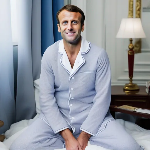 Prompt: Emmanuel Macron in pajamas