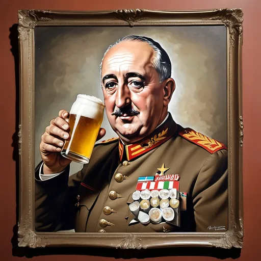 Prompt: un cuadro donde salga francisco franco con una cerveza