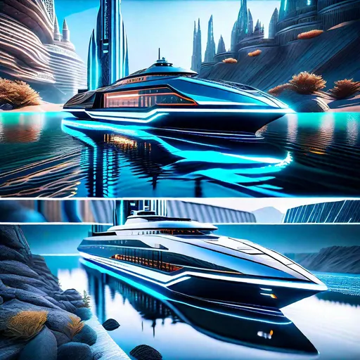 Prompt: "A hyper-detailed Sci-Fi style boat sails through the crystal clear waters of the River Styx, on both of the river banks there are placed ultra-detailed futuristic Sci-Fi style sky-scrappers and towers, highest quality of details and design, hyperrealistic, intricately detailed background, Unreal Engine 5, Octane 3D, Ultra HD 1024K, CryEngine, digital art masterpiece, perfect image composition, clarity, harmony, hierarchy, rhythm, order, symmetry, proportions.