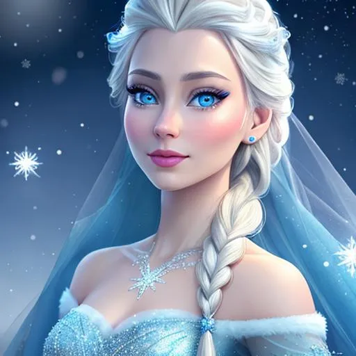 Prompt: Disney's Elsa as a faoiry goddes of winter,,large blue eyes, cool coiors,  closeup