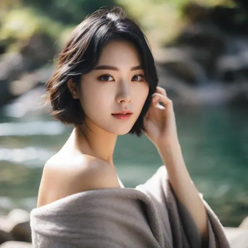 Prompt: Young Korean woman with short, bob-cut hair and light makeup that accentuates her natural beauty and a tattoo on her right shoulder clutching a towel around her chest while tucking her hair behind her ear as she is a bout to enter the hot springs.