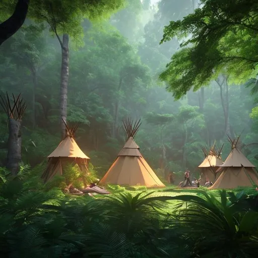 Prompt: a lush green forest with beautiful trees, nice daylight, nice weather, indian tribe tents. Trending on artstation, 4k digital art