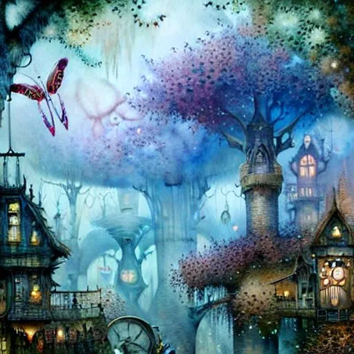 Prompt: watercolor, wet on wet, steampunk,  A beautiful painting of a fantasy forest, Daniel Merriam, digital art, lots of detail, 4k, ultra HD