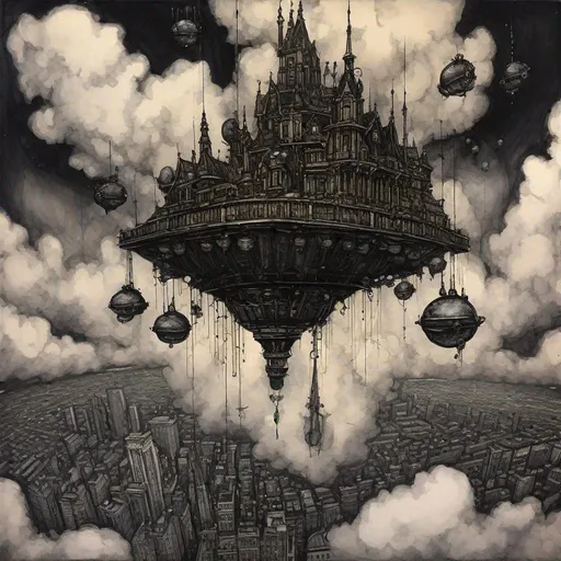 Prompt: "A floating Gotham City high above the ground floating in a mass of clouds, a large pendulum swinging underneath pen and ink, detailed, dark colors, realism, fantasy, polished"