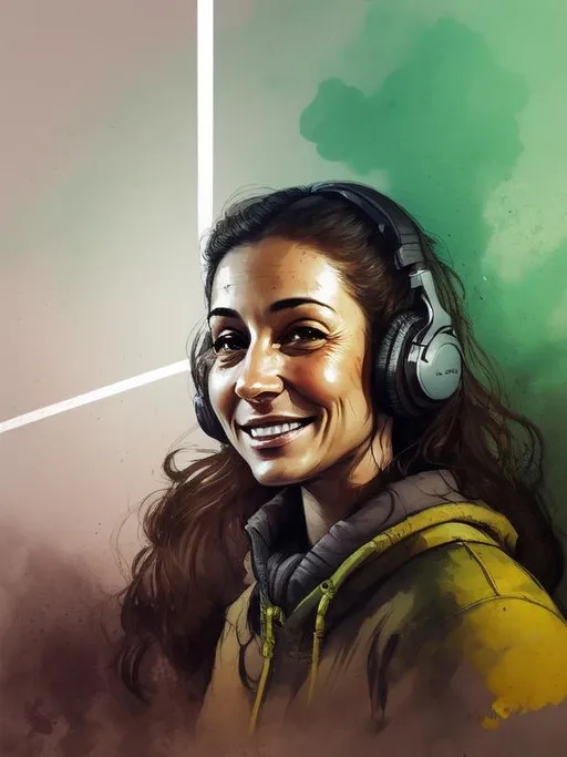 Prompt: similar to image, 47-year old female gamer with brown eyes and hair, light olive skin, hispanic, headset, elf ears, thick body, smiling slightly, peace sign