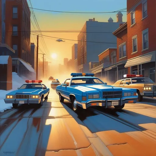 Prompt: GTA III, car chase, cops, cartoony, cold blue atmosphere, extremely detailed painting by Greg Rutkowski and by Henry Justice Ford and by Steve Henderson