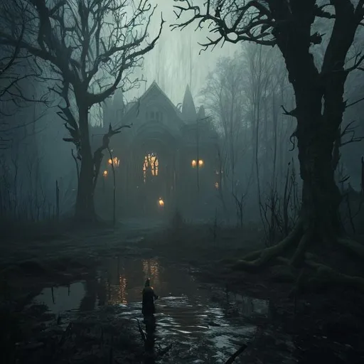 Prompt: a being in a creepy and haunted dark forest, gloomy, swamp land, haunted, eerie, Greg Rutkowski, featured in artstation, octane render, cinematic, elegant, intricate, 8k