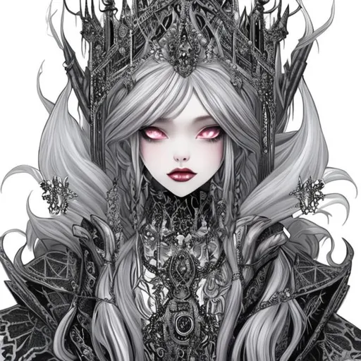 Prompt: Silver haired queen with hyper detailed crown in white gothic style dress


