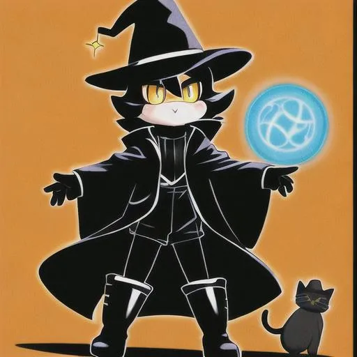 Prompt: Small (bipedal cat) wizard, black fur, big yellow eyes, tall boots, tall hat, trench coat, cartoon, high contrast, high resolution 