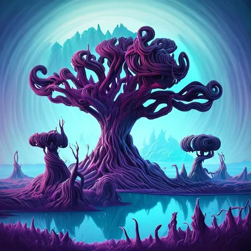 Prompt: Generate an image of a surreal otherworldly landscape, featuring twisted trees, floating islands, and otherworldly creatures. Use vibrant colors and an ethereal atmosphere to evoke a sense of mystery and wonder.

