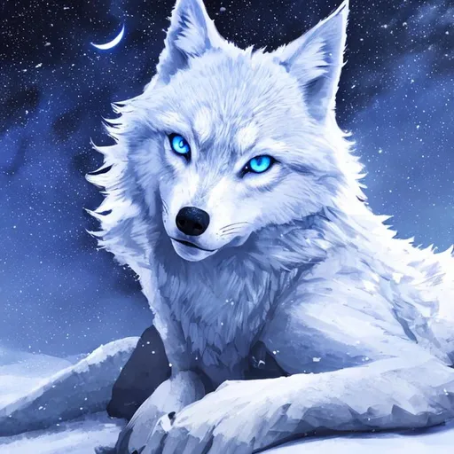 Prompt: lone wolf in the snow, deep blue eyes sprawling under the stars