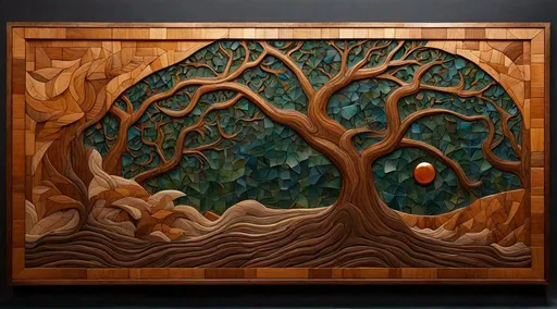 Prompt: **mythical arborealism, mural, handcarved, oak wall with colored gemstone mosaique applications, in a style of Art Deco, :wundervoll-ai