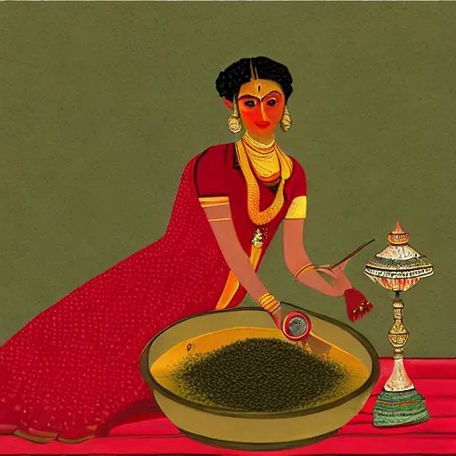 Prompt: A painting of a beautiful lady wearing a red saree making an potion in a cauldron with betel leaves and spices