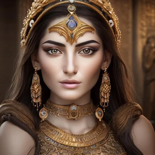 Prompt: An astonishingly beautiful Sumerian woman captivates all who behold her with her timeless allure and grace. She possesses a regal and ethereal charm that harkens back to the ancient civilization she represents.

Her smooth, bronzed complexion reflects the rich heritage and warmth of the Sumerian lands. Delicately arched eyebrows frame her mesmerizing eyes, which gleam like precious gems. Deep and mysterious, her eyes seem to hold secrets and wisdom passed down through generations.

Her features are exquisitely sculpted, showcasing harmonious proportions and symmetrical beauty. A straight nose adds to her refined countenance, while her elegantly curved lips bear a soft, natural hue that invites admiration.

Crowning her captivating face is a crown of lustrous, dark hair that cascades down in gentle waves, echoing the flowing rivers of ancient Mesopotamia. Intricate braids and adorned hair accessories further accentuate her Sumerian heritage, displaying a sophisticated and artistic flair.

Draped in sumptuous, flowing garments inspired by Sumerian fashion, she epitomizes elegance and grace. Vibrant colors and intricate patterns adorn her attire, reflecting the sophisticated textile craftsmanship of the time. Adornments of gold and precious jewels shimmer against her garments, highlighting her status and enhancing her natural radiance.

As she moves with a gentle sway, her movements are graceful and refined, reminiscent of the royal women depicted in ancient Sumerian artwork. Her presence exudes confidence and grace, as she embodies the epitome of beauty within the Sumerian civilization.

This astonishingly beautiful Sumerian woman not only captures the imagination with her outward appearance but also evokes a sense of wonder and admiration for the ancient civilization she represents. Her beauty serves as a reminder of the timeless allure and splendor of the Sumerian culture.