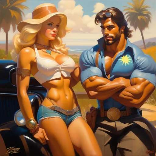 Prompt: Buff Brazilian gigachad meets cute blonde American girl, 2050, cartoony style, extremely detailed painting by Greg Rutkowski and by Henry Justice Ford and by Steve Henderson 
