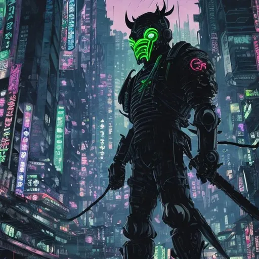 Prompt: Original villain.  Exaggerated Brawn. devious. Very Dark image with lots of shadows. Background partially destroyed neo Tokyo. Noir anime. Gritty. Dirty. Black with neon forest green accents. armour. Creepy mask. Bionic enhancements. Glowing evil symbol on chest. Axes in hands