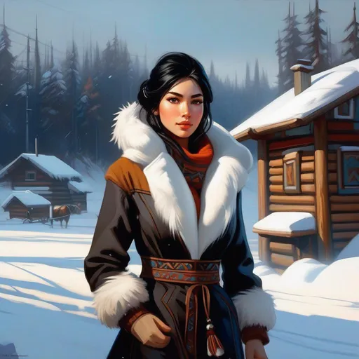 Prompt: Third person, gameplay, Yakut girl, pale skin, black hair, brown eyes, Siberia, snow, cold atmosphere, cartoony style, extremely detailed painting by Greg Rutkowski and by Henry Justice Ford and by Steve Henderson 