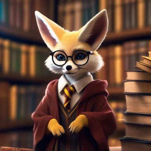 Prompt: cute female fennec fox dressed as student from harry potter inside a library with glasses, harry potter style, realistic, hyper-realistic, realism, 32k, photography, hdr, 1080p, cinematic, splash art, concept art, fictional characters, mid shot, intricately detailed, colour depth, dramatic,