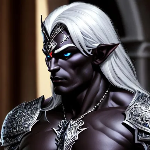 Prompt: man dark elf, strong, muscular, drow, stunning, gorgeous, fit, wearing a full dark armor, fantasy, UHD, 8k, high quality, ultra quality, perfect composition, trending art, trending on artstation, sharp focus, studio photo, intricate details, cinematic lighting, special effects, hyper realism, hyper realistic, Very detailed, high detailed face, high detailed eyes, oil painting, full body