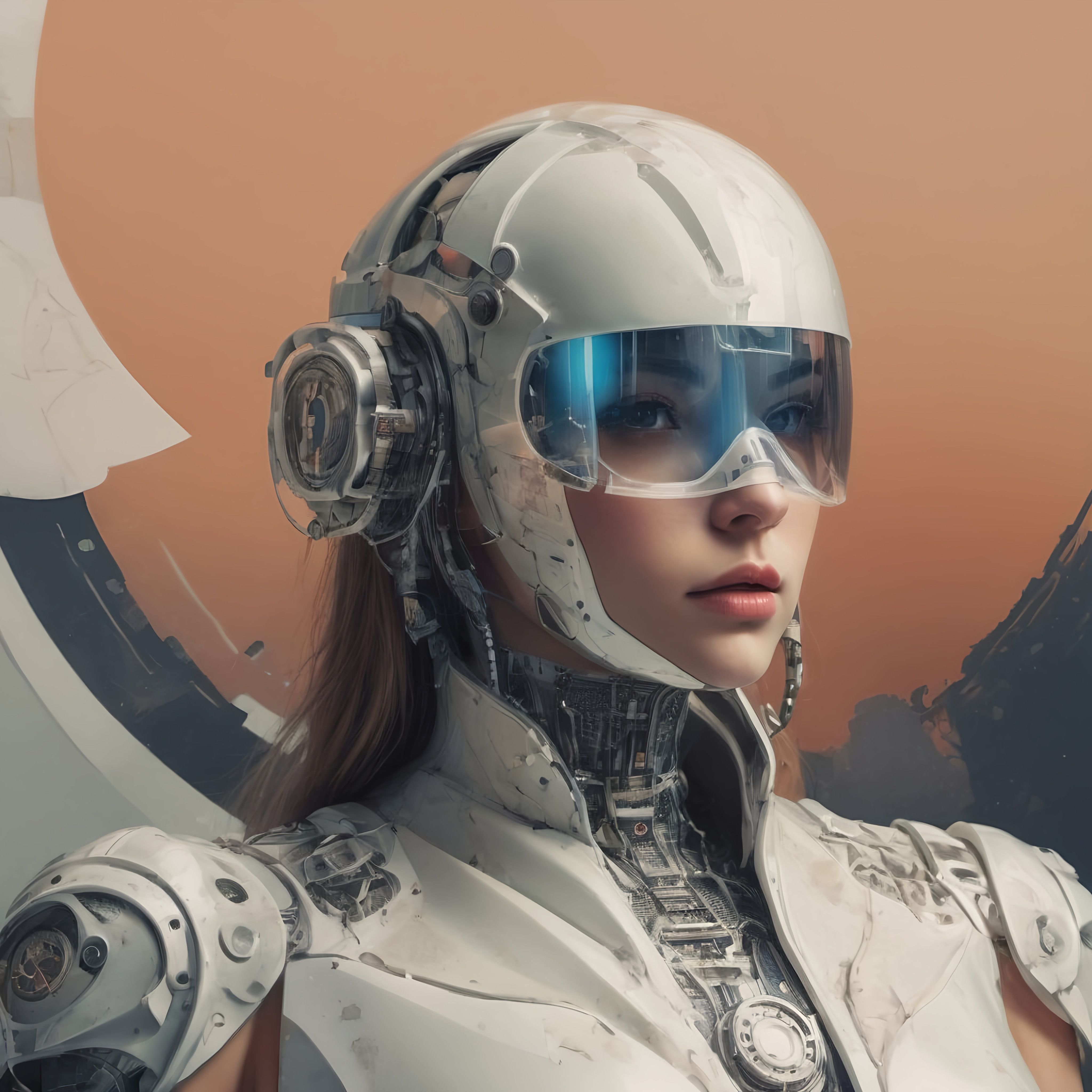 Prompt: a woman in a futuristic suit and a futuristic background with a circular object, on artstation hq