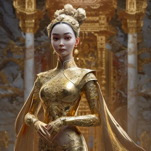 Prompt: A highly detailed ((full-length shot) (gold marble sculpture statue) of a (woman with). ((+Hyperrealistic)), (+dress), +concept art, +low shot, ((+intricately detailed, +highly detailed)), +dramatic, +side light, +plain background, +caring, +happy, +smiling, +aodai vietnam, 
