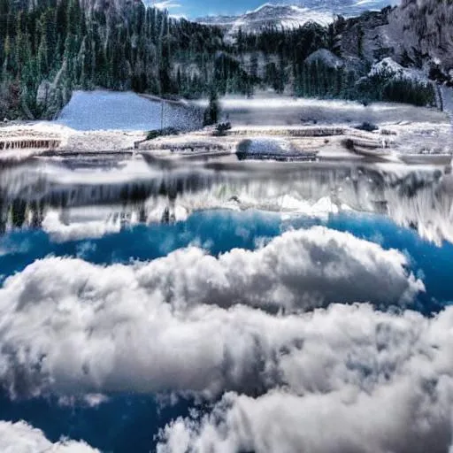 Prompt: ultra realistic, masterpiece, absurd resolution, ultra HD, 64k. HDR, UHD, highly detailed, professional photograph, hyper realistic, high resolution scan landscape, sun glaring through the mountains, reflecting on the water, night-time, some clouds, huge mountains (snow on top), 1 picture, trees on side