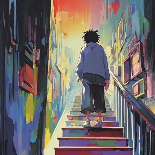 Prompt: painting of the back of one adult standing in front of the stairs, one foot on the stairs with no background, bright colors, movie poster, by Studio Ghibli