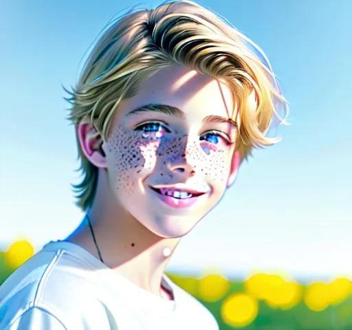 Prompt: Hyperrealistic Hyperrealism front view of face (headshot) (straight forward view) facing camera Beautiful young teen boy, (kid cole sprouse)+++ blond boy, straight hair, happy eyes, innocent, boy model, 16 years old, pretty, cute, freckles, cinematic lighting, blue sky, bright colors, blue, green, yellow, white,  luminous, hyperdetailed, great composition, professional, artstation award