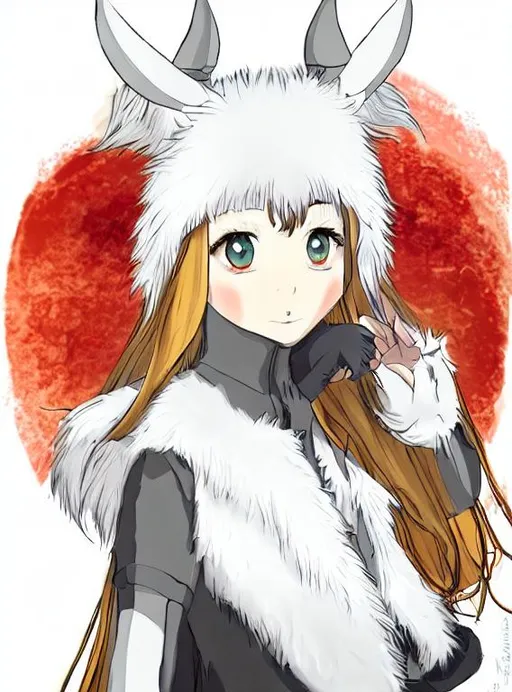 Prompt: white skin, big anime girl, anime yellow eyes, horns, long ears, fluffy tail, defined, in studio ghibli style