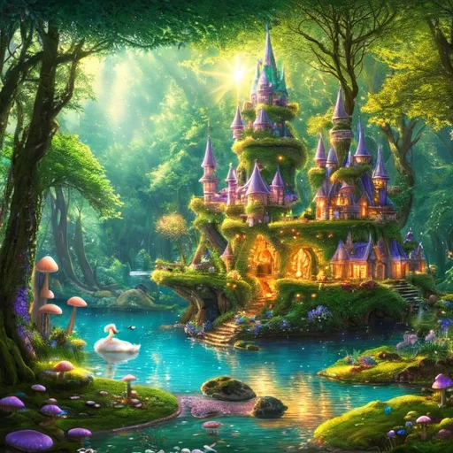 Prompt: fairy mushroom castle hidden in the forest, beautiful fairy on the lake, swan, elf, sparkles, sunshine, cozy, soft light, hyper detailed, super detailed, hyper realistic, sharp focus, 8k