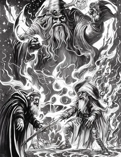Prompt: Black and white 1970s fantasy, pulp, dungeons and dragons book illustration of robed, wizard with a pointy hat and long beard. The wizard is viciously fighting off a giant, cosmic monster holding a strange blunt weapon. Tiny little gnomes holding daggers or potions dance around their feet and create a terrifying scene.