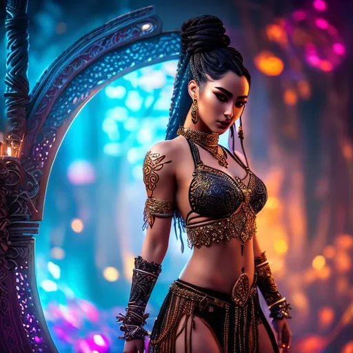 Prompt: Gorgeous, stunning, beautiful, otherworldly muscular Yuan-Ti martial artist goddess with long braided hair wearing a body chain and belly dancer costume, full body, centered, fantasy setting, cinematic, colorful background, concept art, dramatic lighting, highly detailed, hyper realistic, intricate sharp details, octane render, smooth, studio lighting, trending on art station, 8k, HDR, unreal engine, emotive, cgi, animated 